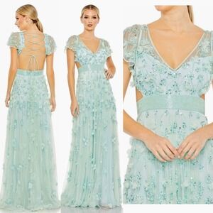 Mac Duggal NEW Aqua Blue Embellished Floral Lace Up Flowy Gown‎ $598 - Size 12